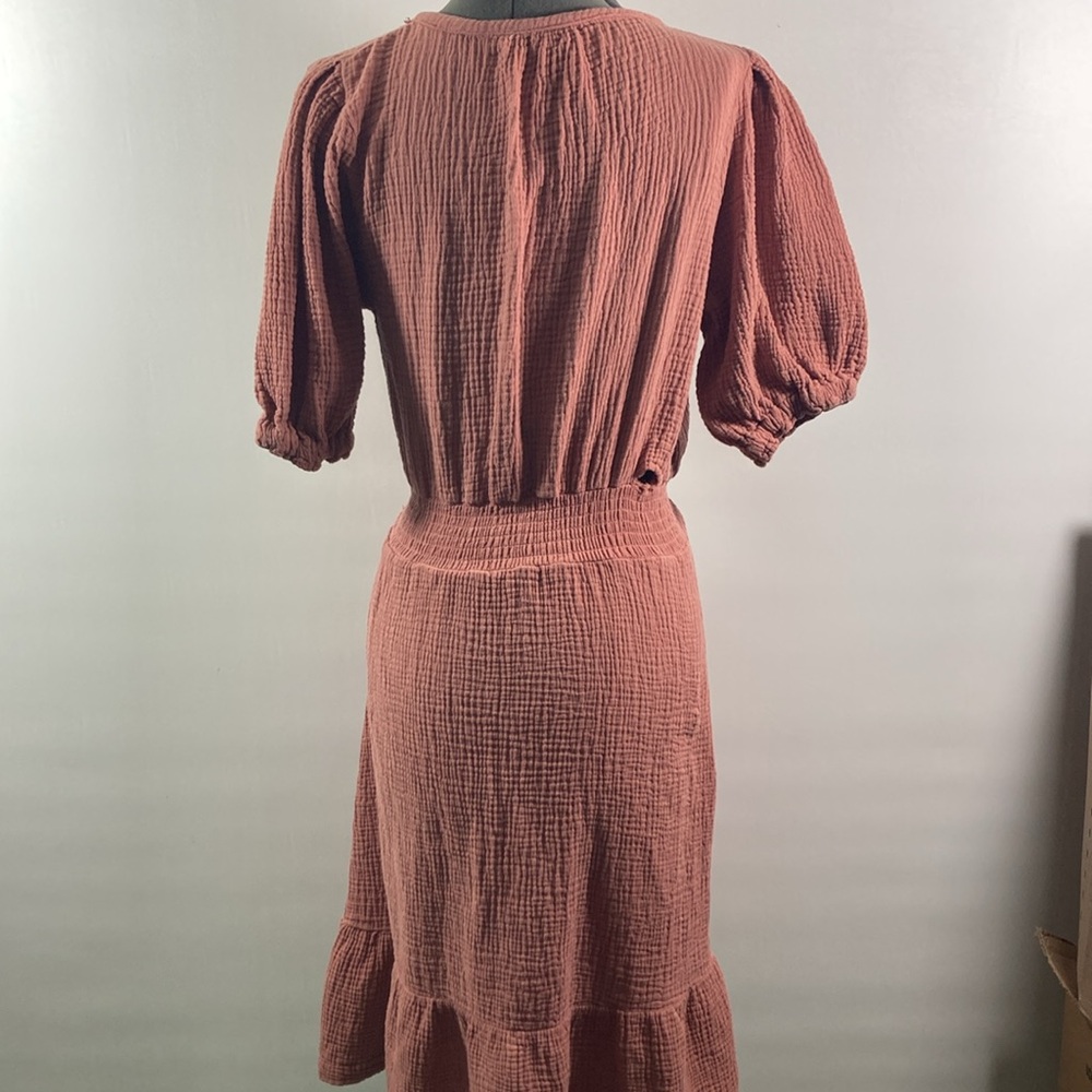 Just Living Dress Women Size XS Mauve 100% Cotton V Neck Elastic Waist & Sleeves - Picture 6 of 9